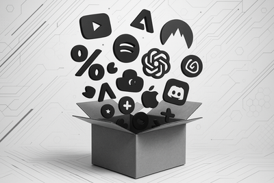 generate an image of an carbort box that it '' overflowing '' (make it seem like it) with popular brand logos such as youtube adobe creatice cloud nord vpn chatgpt spotify discord add futuristic and premium design that screems premium quality and make the background futuristick keep the theme black and white