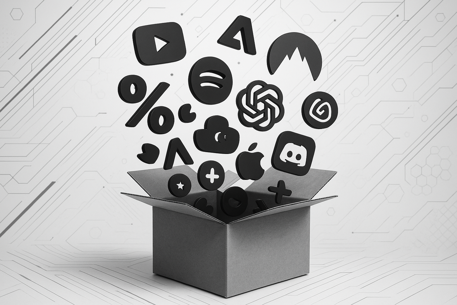 generate an image of an carbort box that it '' overflowing '' (make it seem like it) with popular brand logos such as youtube adobe creatice cloud nord vpn chatgpt spotify discord add futuristic and premium design that screems premium quality and make the background futuristick keep the theme black and white 